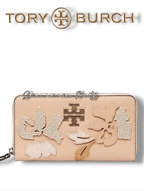 Tory Burch Hibiscus Floral Applique Wallet & ID lanyard- Cream & Silver - NEW